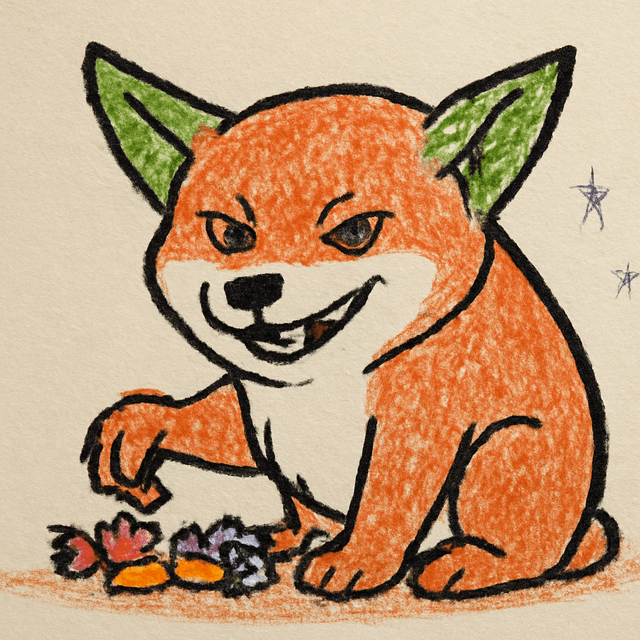 Goblinu, a shiba with green goblin ears grinning over a pile of candy