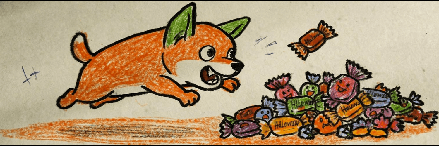 Goblinu running full speed at a pile of Halloween candy